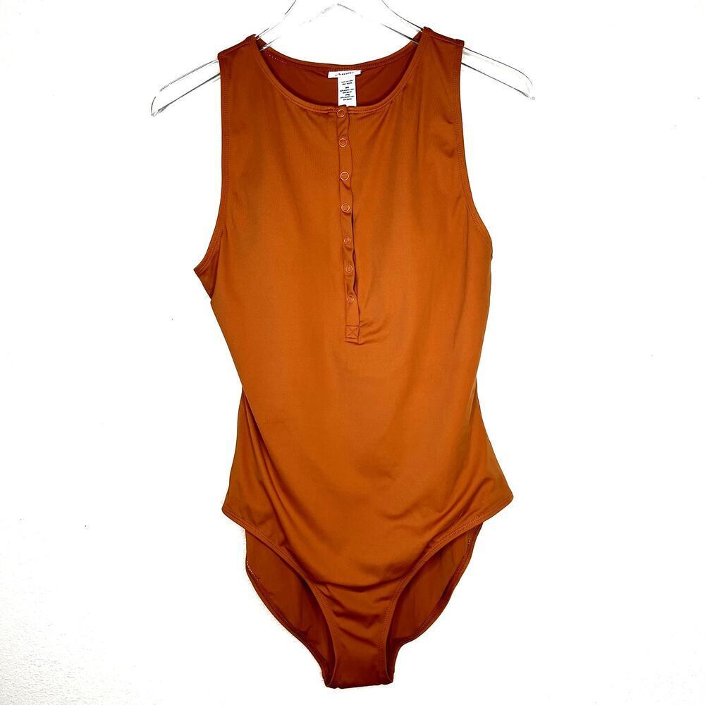 Andie Malibu One Piece Swimsuit High Snap Front Neckline Orange LARGE NEW